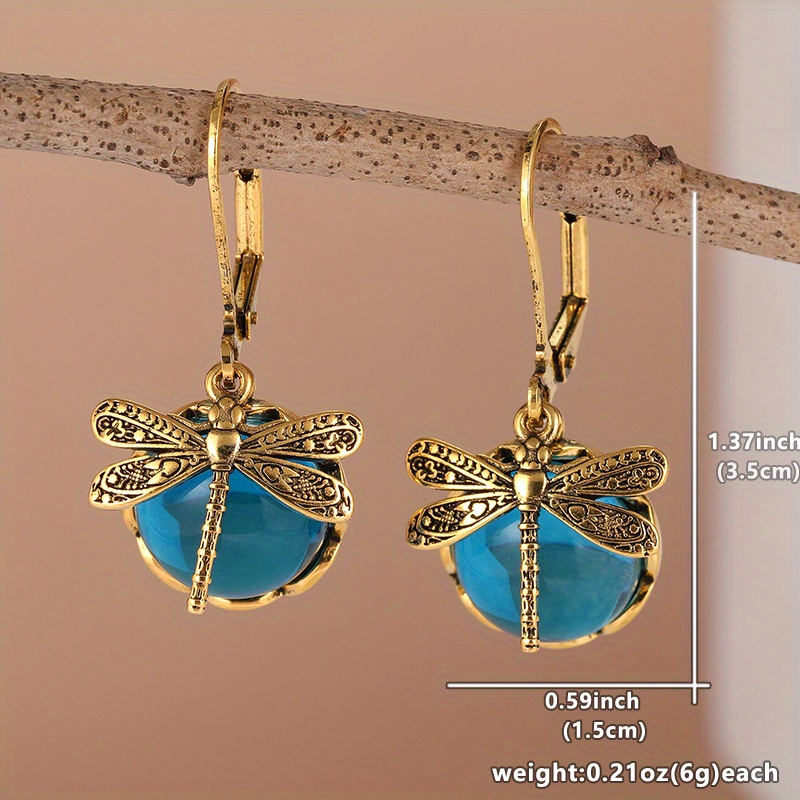Golden Dragonfly Pendant Earrings with Moonstone Accents